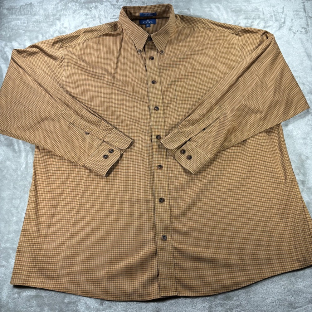 Enro Mens 2XL Tall Non-Iron Poplin Cotton Shirt Tan Brown Check Button Down
